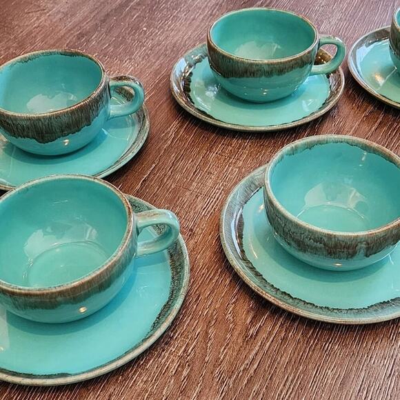 Jaska of California‎ Cascade Ware Blue with Brown Drip Vintage 6 Teacups Saucers - Picture 11 of 13